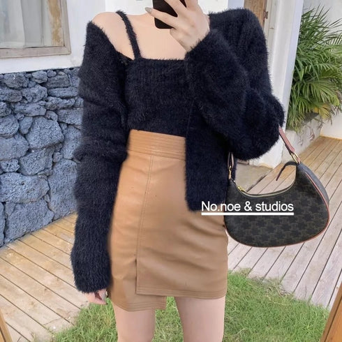 Two-Piece Camisole Knitted Vest with Long Sleeve Cropped Cardigan